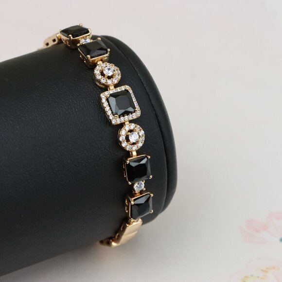 "Elegant Rose Gold Bracelet with Black and Clear CZ Stone Accents, XPBL0885 - Picture 3 of 13